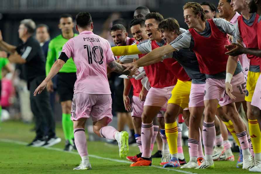 Inter Miami forward Lionel Messi (10) celebrates with the team after...