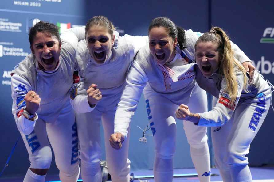 Italy's team celebrate after winning