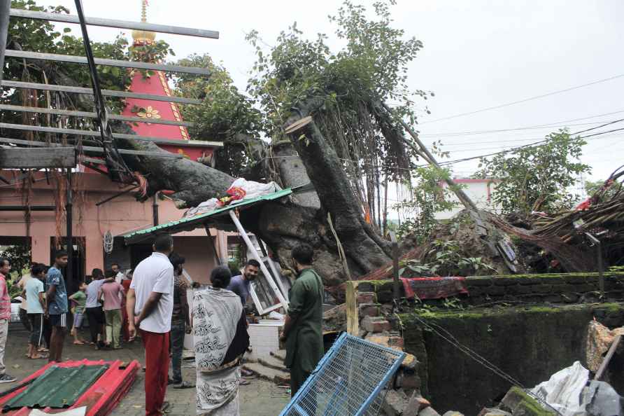 Dehradun: Devotees stand near a temple where two trees uprooted ...