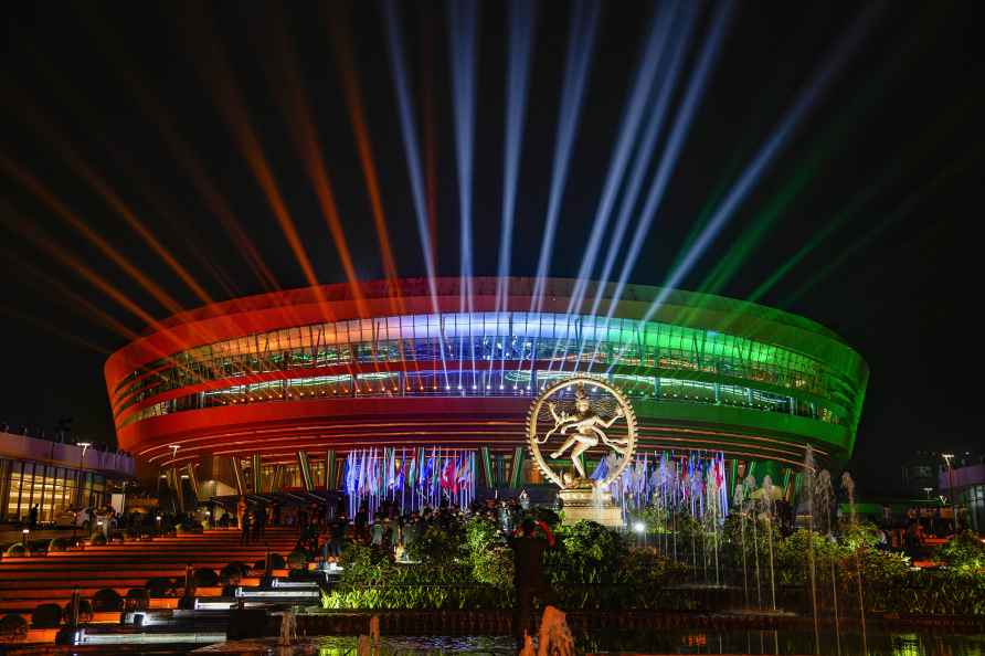 New Delhi: Bharat Mandapam illuminated with colourful lights after...