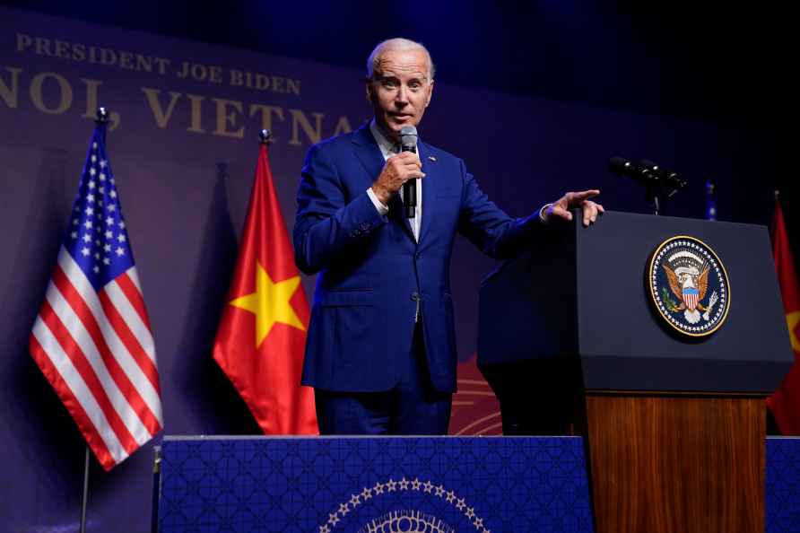 U.S. President Joe Biden addresses a press conference, in Hanoi, ...