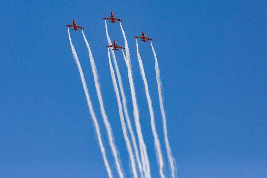 Jammu: Indian Air Force’s (IAF) Surya Kiran Aerobatic Team performs...?