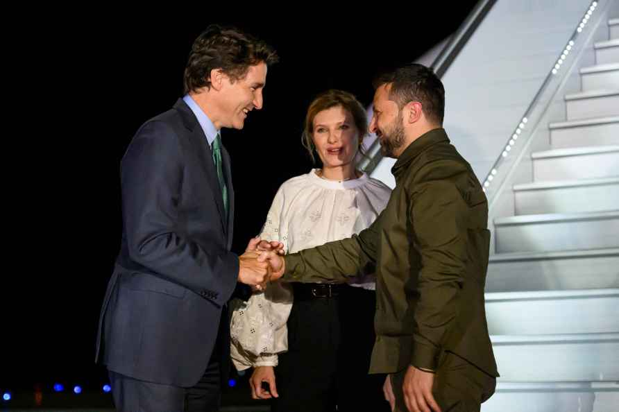 Canadian Prime Minister Justin Trudeau greets Ukrainian President