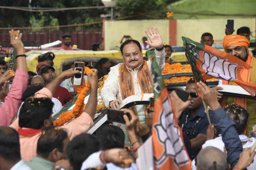 Patna: Bharatiya Janata Party (BJP) president J.P. Nadda being greeted...