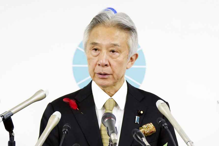 Japan's Education Minister Masahito Moriyama speaks at a press conference...