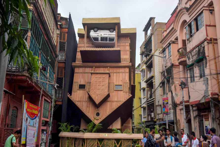 Kolkata: A community puja pandal themed on an 'Up side down' approach...