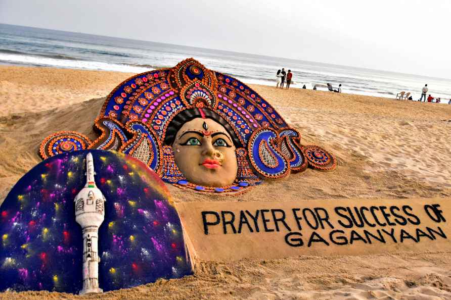 Sand sculpture of Goddess Durga at Puri Beach