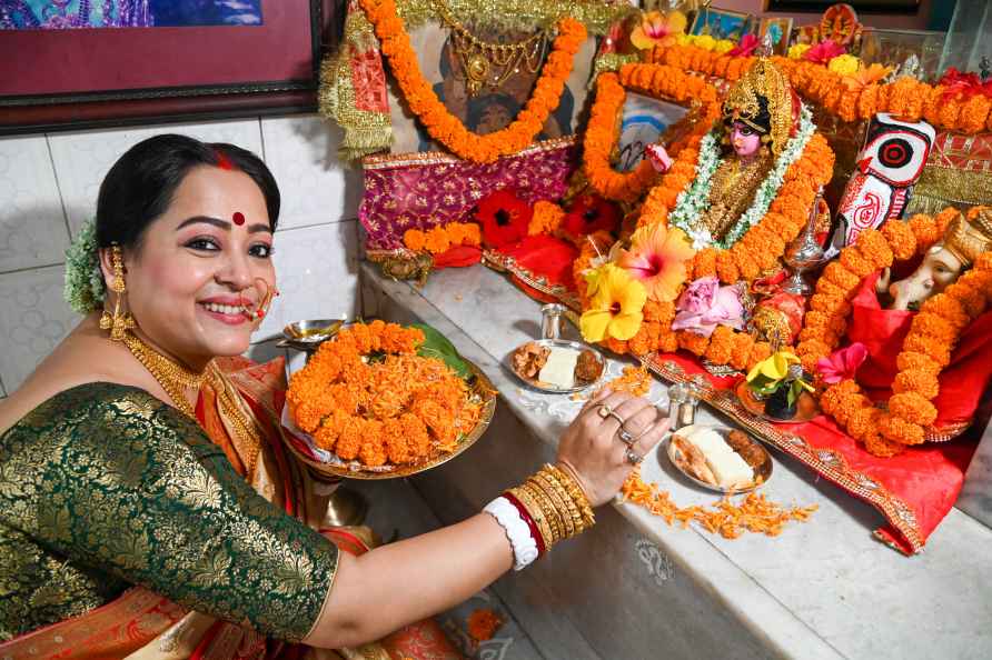 Kolkata: Bengali film actress Aparajita Adhya during Lakshmi Puja...