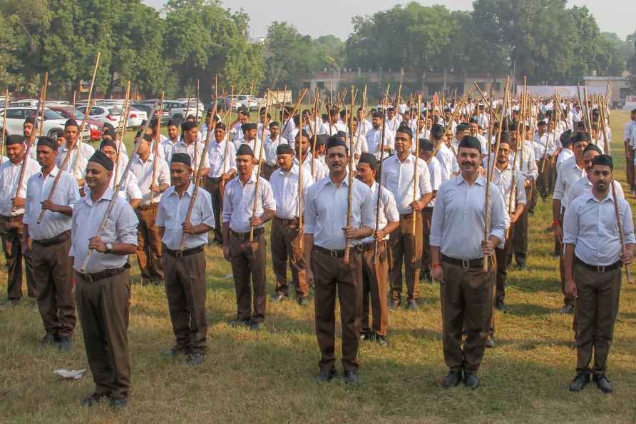 Gurugram: Rashtriya Swayamsevak Sangh (RSS) volunteers during a '...