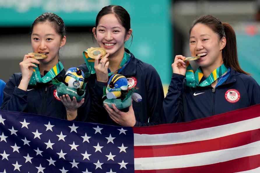From left, Rachel Sung, Amy Wang, and Lily Zhang of the United States...
