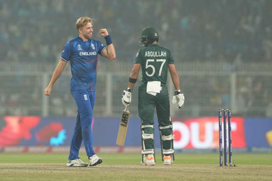 Kolkata: England bowler David Willey celebrates the wicket of Pakistani...