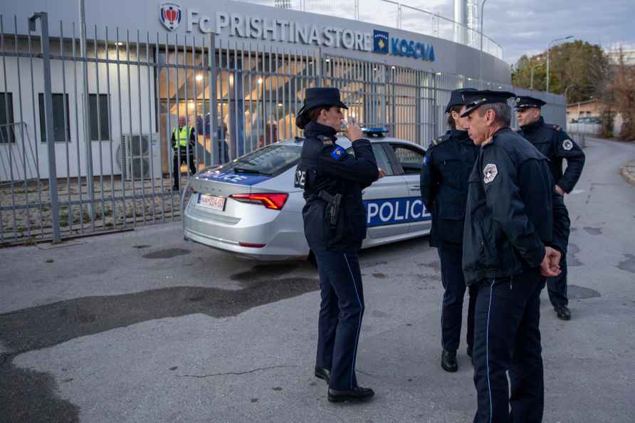 Kosovo police secure the area around the stadium