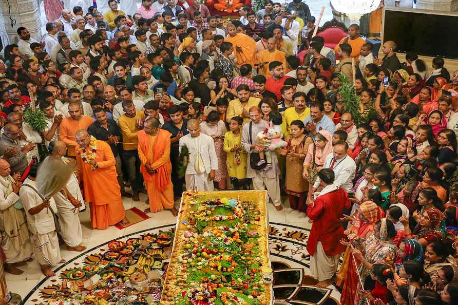 Noida: Devotees during the 'Govardhan Puja' at ISKCON Temple, in...