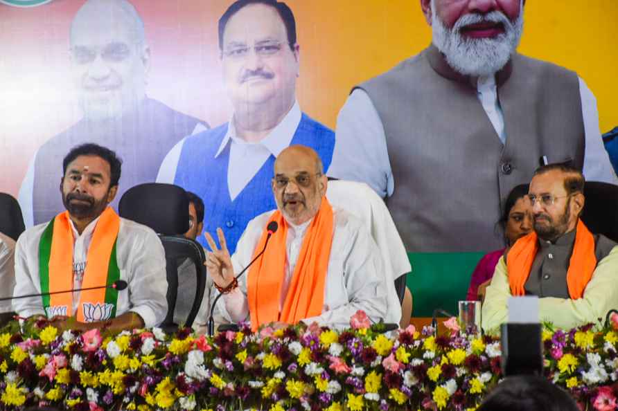 Hyderabad: Union Home Minister Amit Shah with Telangana BJP chief...