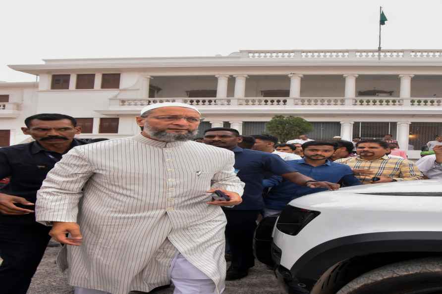 Hyderabad: AIMIM President Asaduddin Owaisi leaves after addressing...