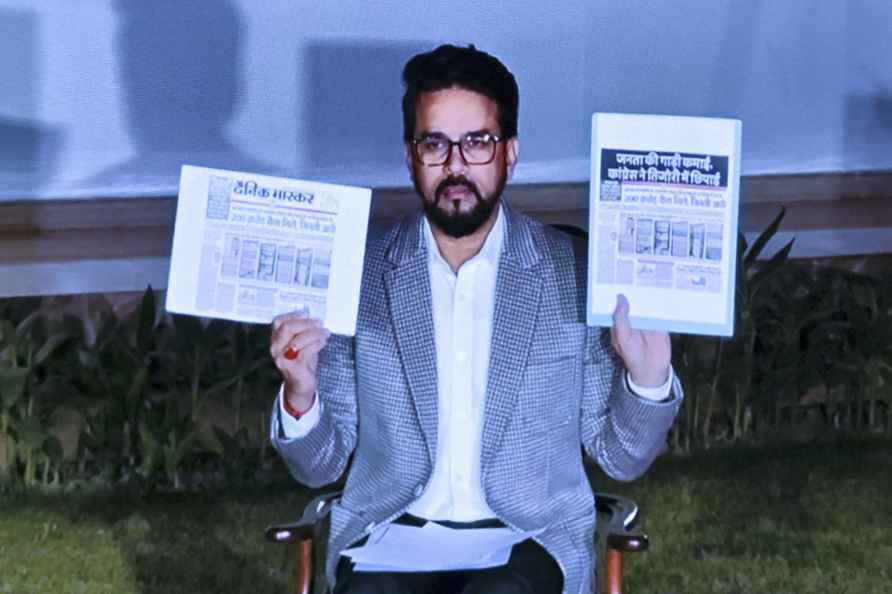 New Delhi: Union Minister Anurag Thakur addresses during a press...