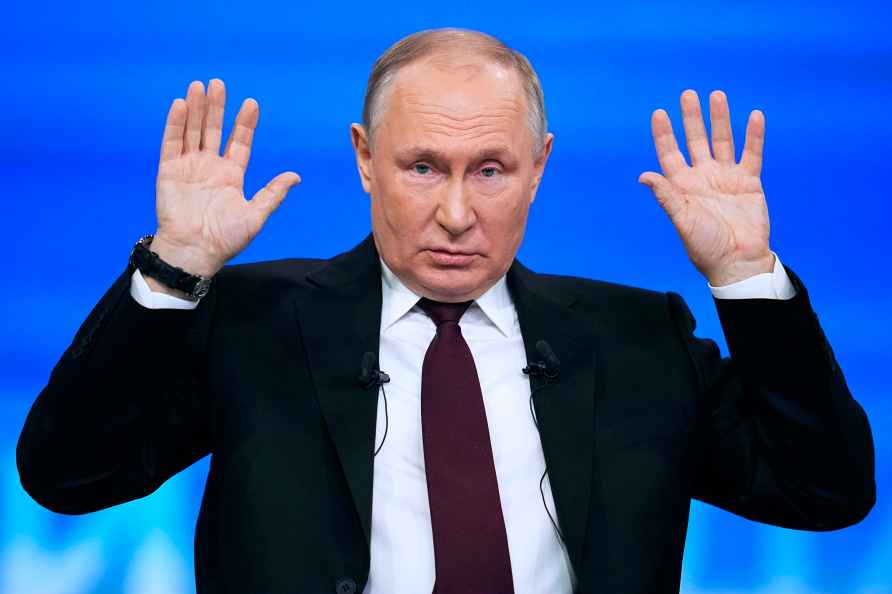 Russian President Vladimir Putin speaks during his annual news conference...