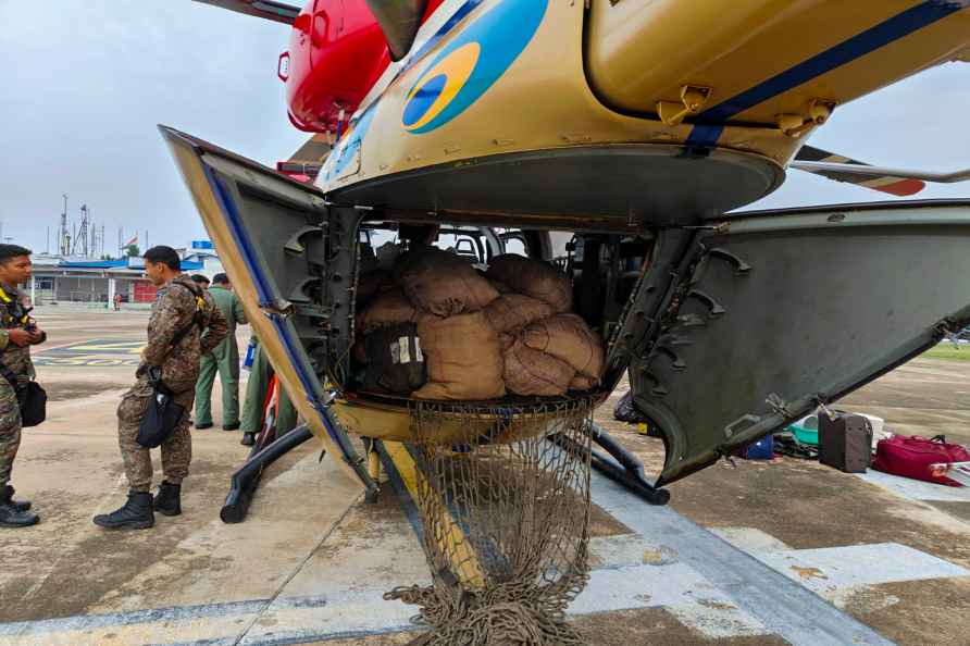 Madurai: Relief material loaded in a helicopter for transportation...