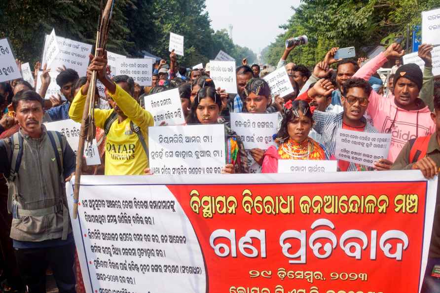 Tribal community members protest in Bhubaneswar