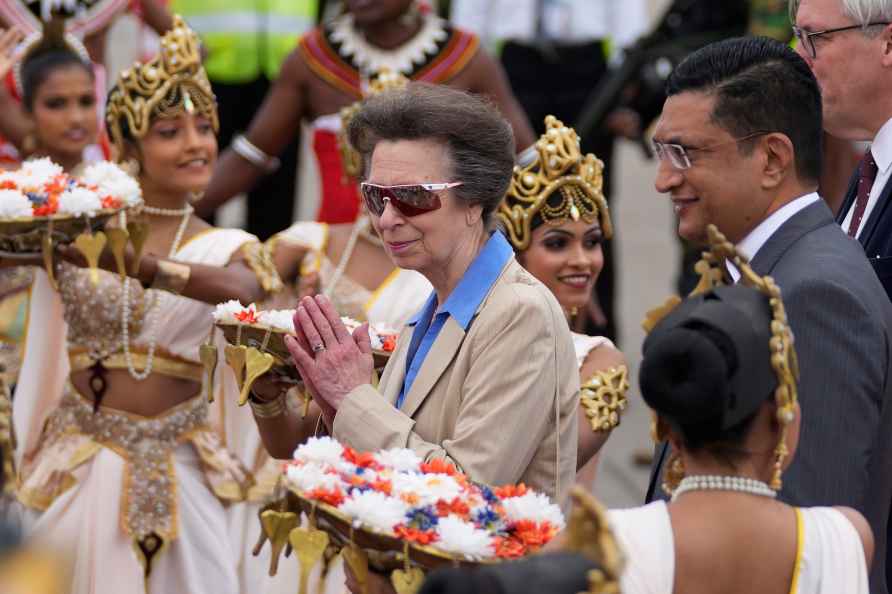 Britain's Princess Anne, center, greets after arriving at the Colombo...