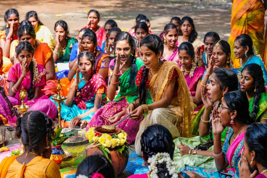 Chennai: School students celebrate Pongal, in Chennai, Wednesday...