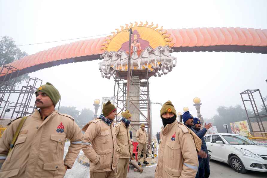 Ayodhya: Police personnel stand guard on a road, ahead of Shri Ram...