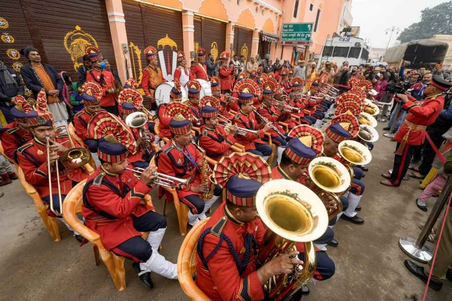 Ayodhya: PAC bandsmen perform near the Hanumangarhi temple in Ayodhya...