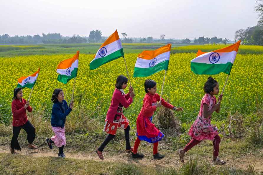 R Day 2024: Children run with tricolours in Nadia