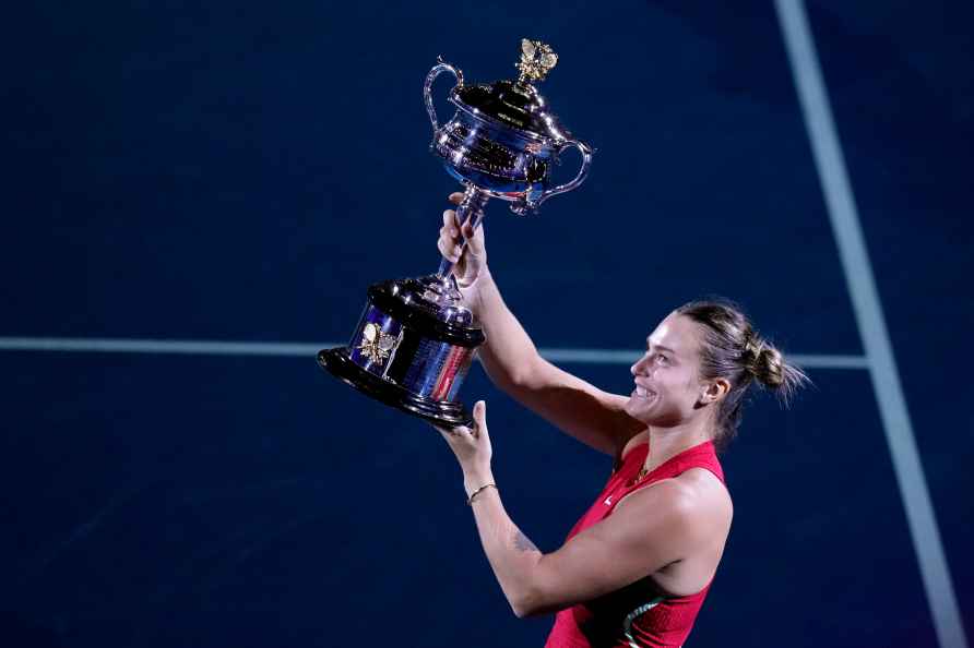 Aryna Sabalenka of Belarus holds the Daphne Akhurst Memorial Cup...