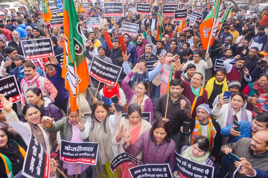 New Delhi: BJP supporters raise slogans during a protest against...