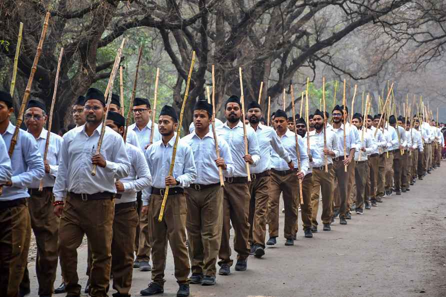 Varanasi: Rashtriya Swayamsevak Sangh (RSS) volunteers take part...