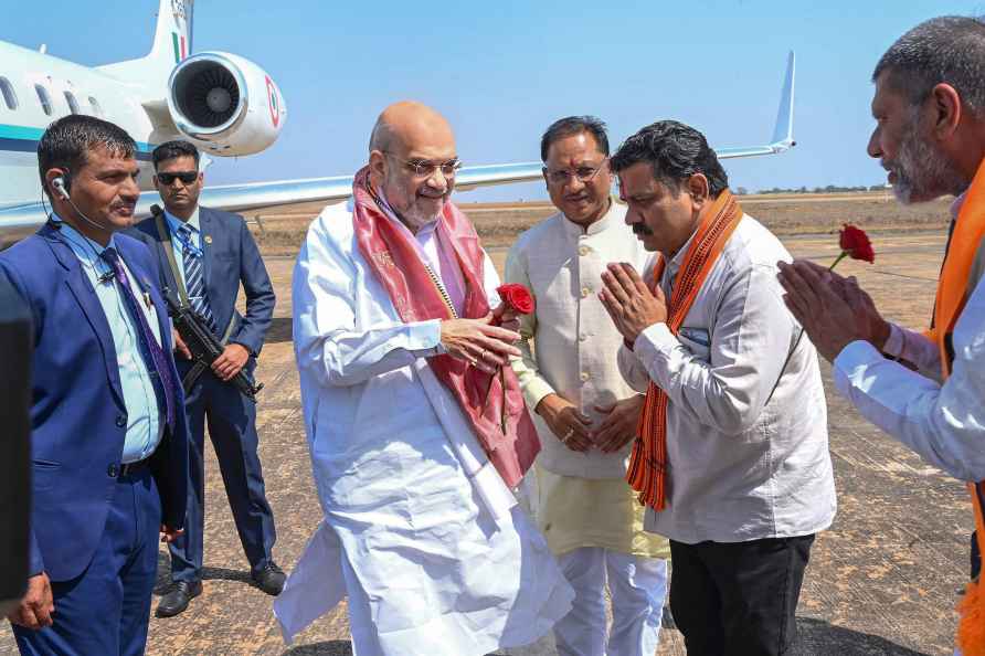 Raipur: Union Home Minister and BJP leader Amit Shah being welcomed...