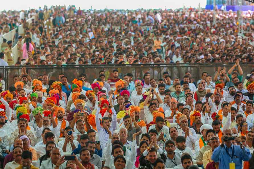 **EDS: IMAGE VIA PMO** Dwarka: Gathering during foundation stone...