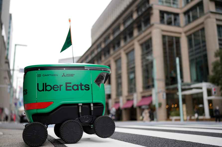 An Uber Eats food delivery robot