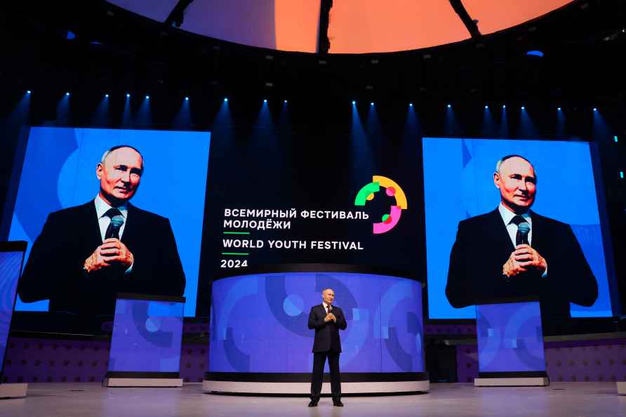 Russian President Vladimir Putin delivers a speech during the closing...