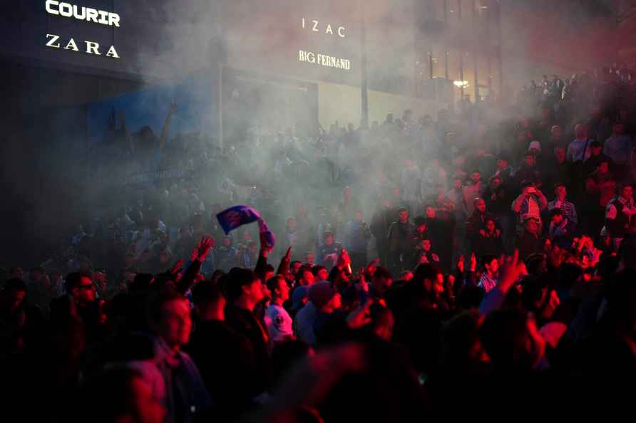 Fans of Marseille cheers for their team prior to the start of the...