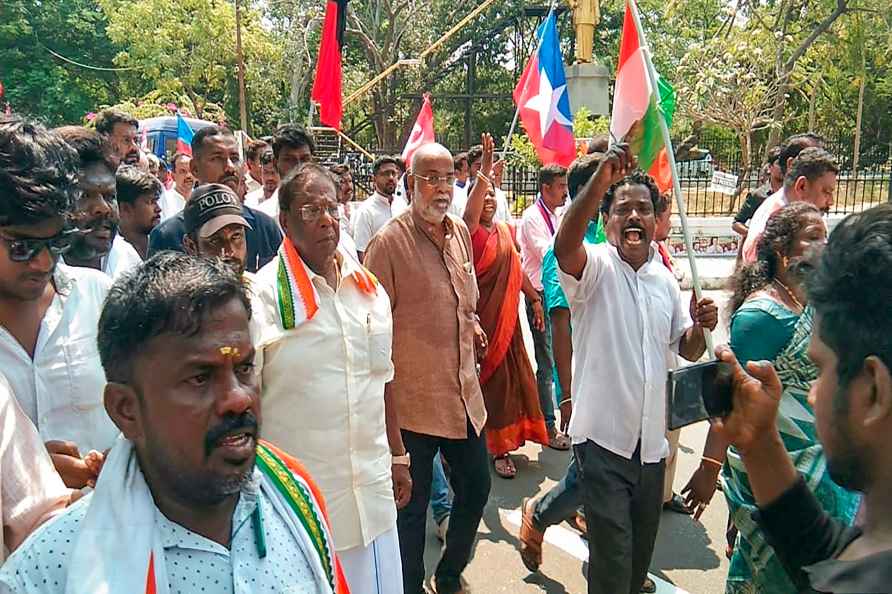 Puducherry: Workers of INDIA bloc and AIADMK during a 'bandh' called...