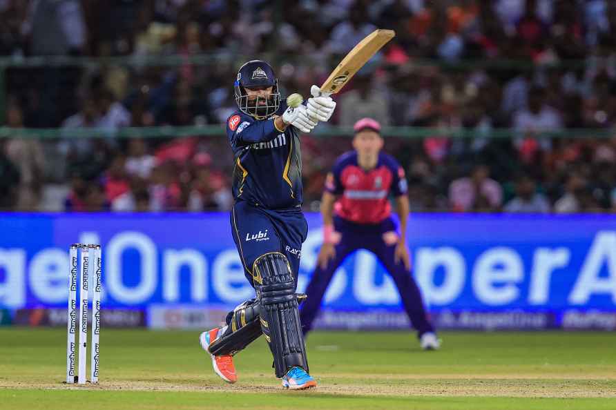 Jaipur: Gujarat Titans' Rahul Tewatia plays a shot during the Indian...