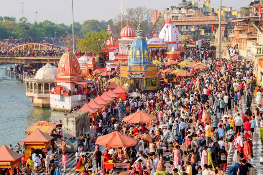 Haridwar: Devotees gather at the Har Ki Pauri ghat on the occasion...