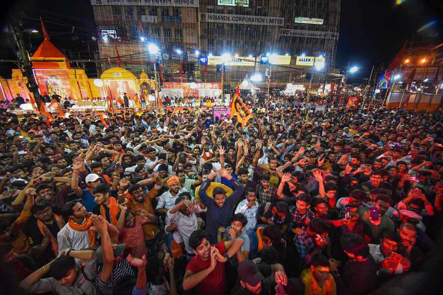 Patna: Devotees participate in a 'Ram Navami' procession, in Patna...