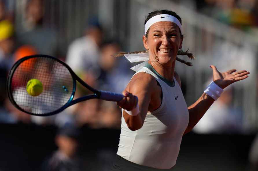 Victoria Azarenka, of Belarus, returns the ball to Mayar Sherif, ...