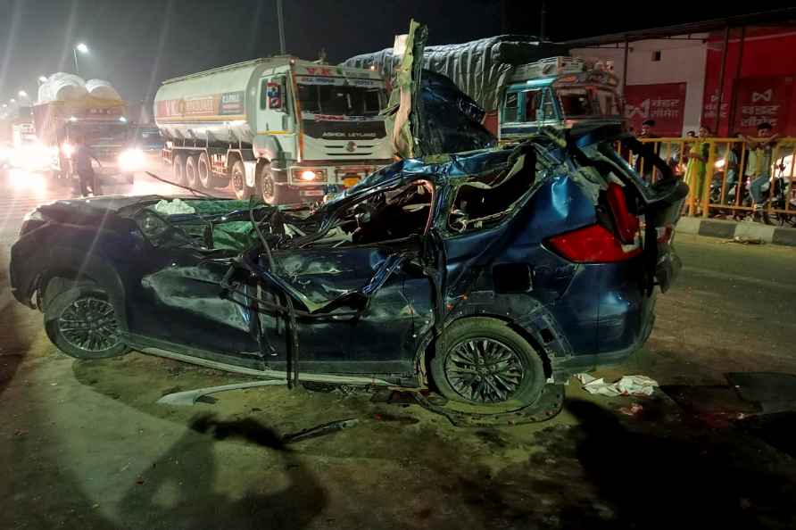 Hapur: Mangled remains of the car after it collided with a truck...