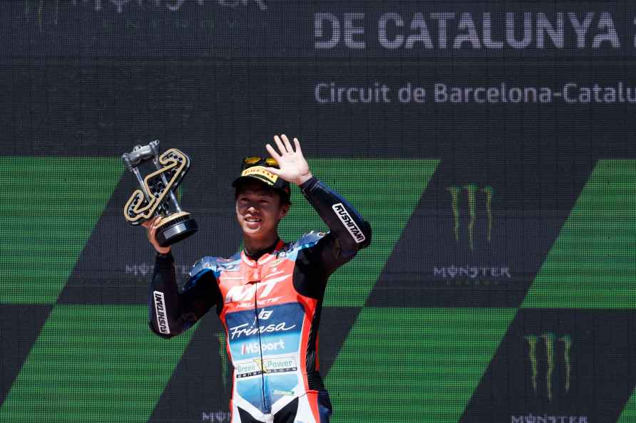 Ai Ogura after winning the Moto2 race of the Catalunya Motorcycle Grand Prix