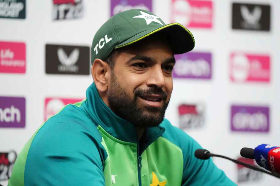 Pakistan's Haris Rauf speaks during a press conference, at Sophia...