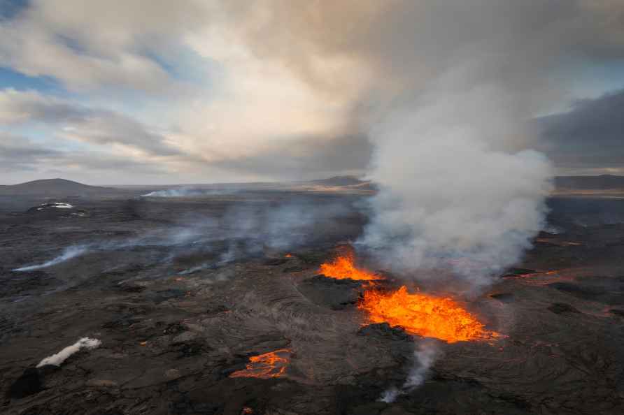 Lava spurt from a volcano, southwestern Iceland