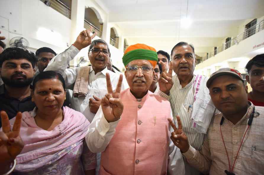 Bikaner: Union Minister and BJP leader Arjun Ram Meghwal show victory...