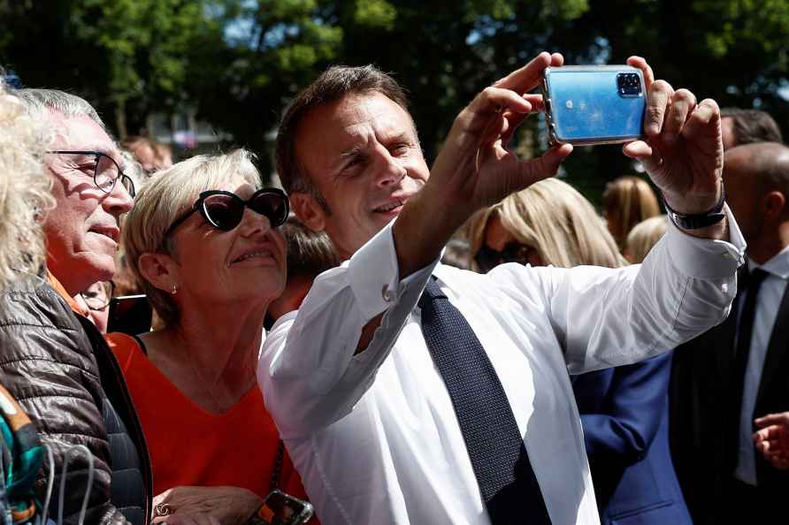 French President Macron attends a ceremony in Bayeux