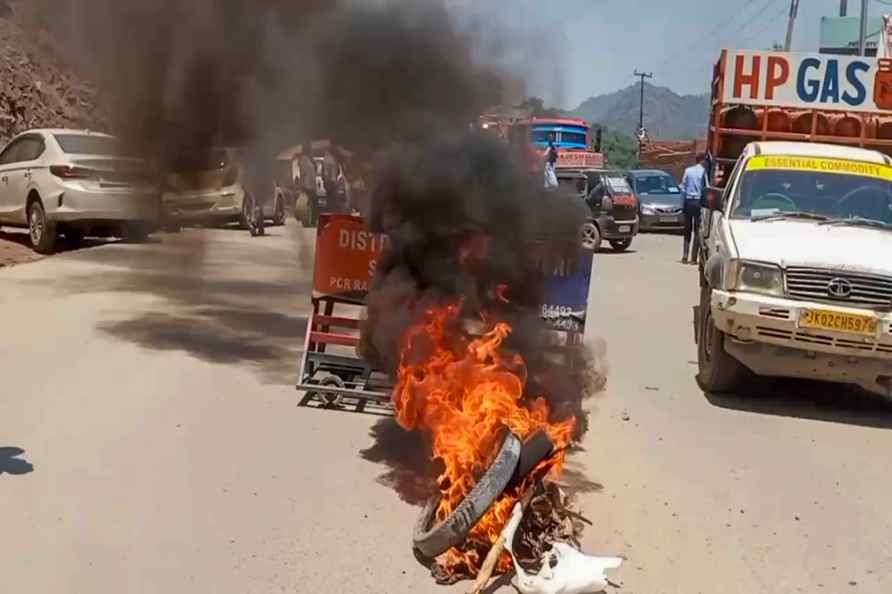 Rajouri: Tyres burn during a demonstration by International Vishwa...