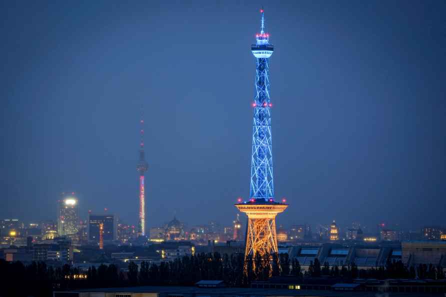 Radio tower illuminated in Ukrainian flag colours
