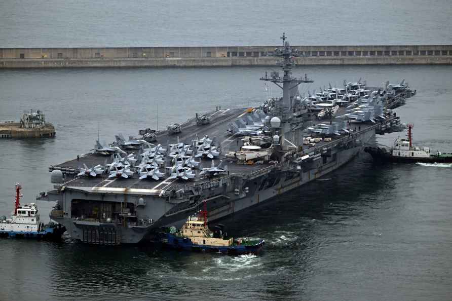 The Theodore Roosevelt (CVN 71), carrier is anchored in Busan, South Korea